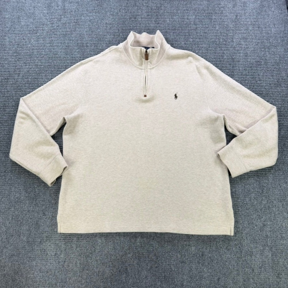 Polo Ralph Lauren Mens XL Quarter Zip Pullover Sweater Oatmeal Beige Cotton Pony - Picture 2 of 12